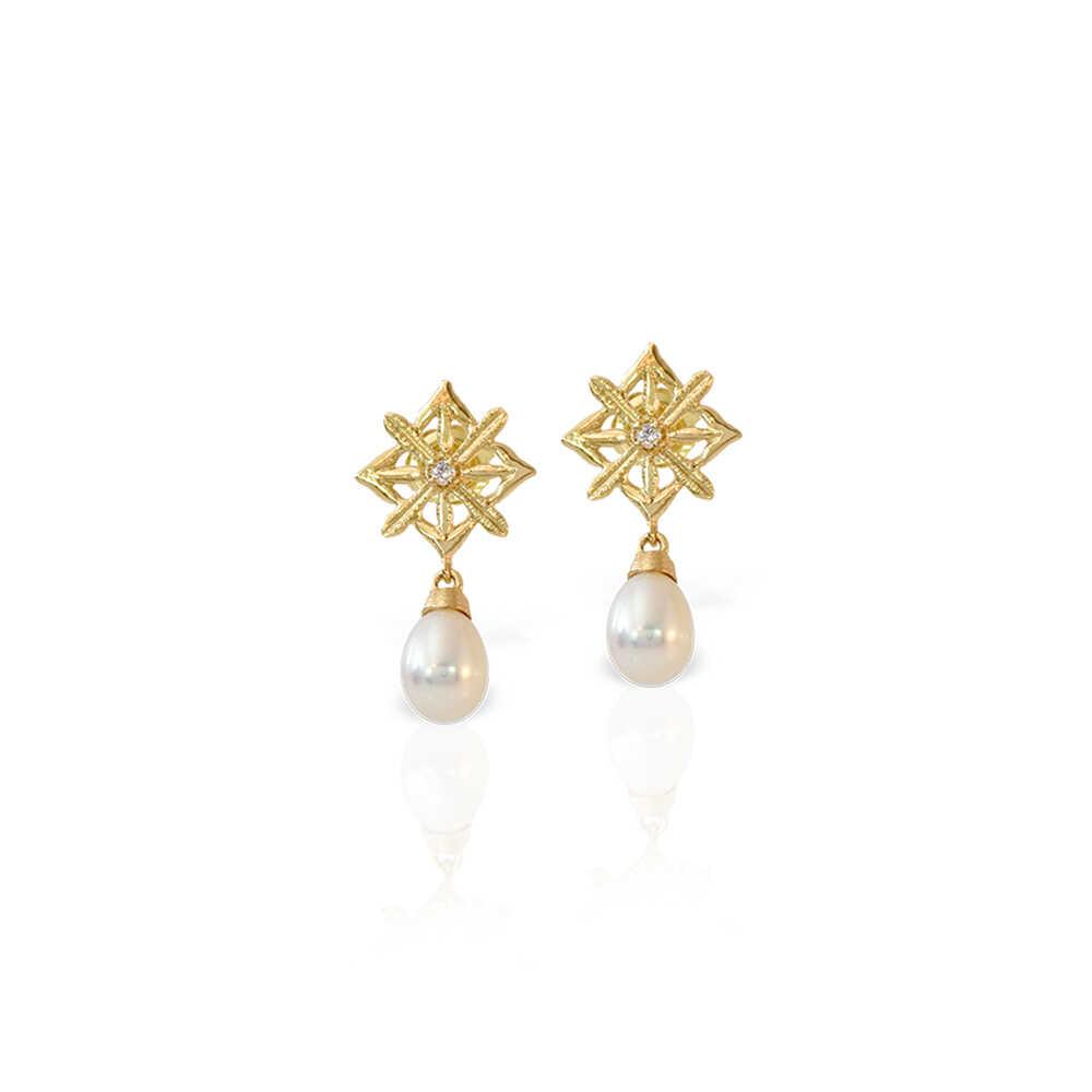 LALAOUNIS AURELIA ARTICULATED EARRINGS IN 18K GOLD WITH FRESHWATER PEARLS AND DIAMONDS