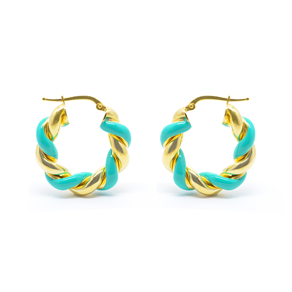 Σκουλαρίκια κρίκοι  Χρυσοί στριφτοί με τυρκουάζ σμάλτο