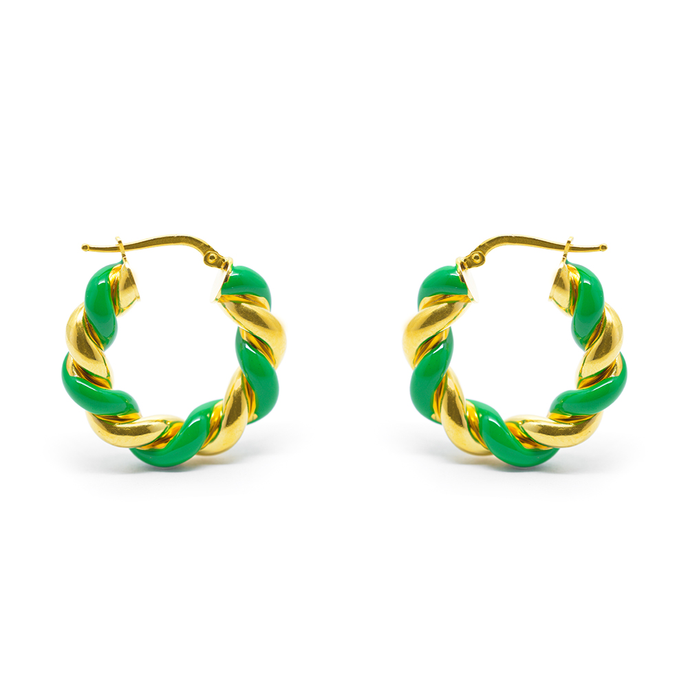 Σκουλαρίκια κρίκοι  Χρυσοί στριφτοί με πράσινο σμάλτο