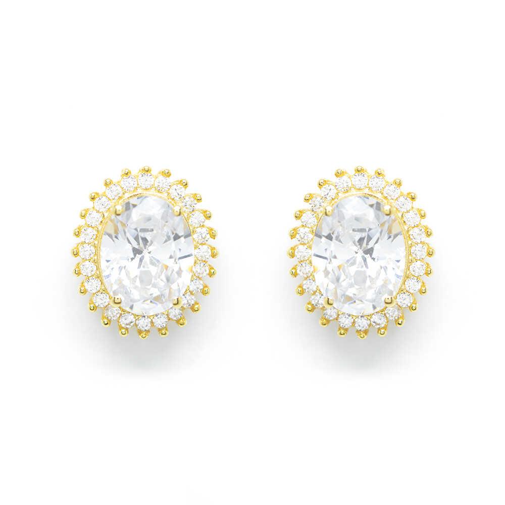 Σκουλαρίκια ροζέτες οβάλ με πέτρες  από κίτρινο χρυσό 14k