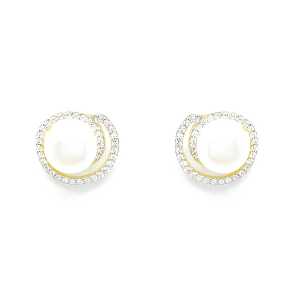 Σκουλαρίκια κομψά με μαργαριτάρι και zirgons  από κίτρινο χρυσό 14k
