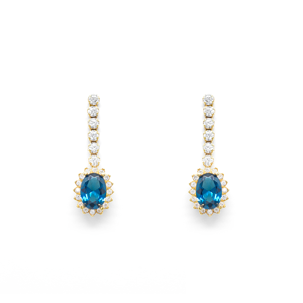 Σκουλαρίκια ροζέτες  με μπλέ oval zirgon από κίτρινο χρυσό 14k