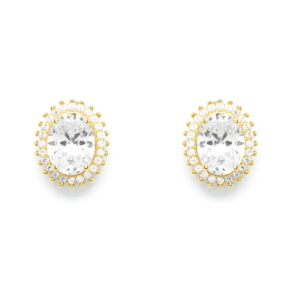 Σκουλαρίκια ροζέτες  με oval zirgon από κίτρινο χρυσό 14k