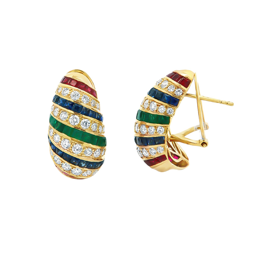 Σκουλαρίκια elegant διαμαντένια με ρουμπίνια,ζαφείρια και σμαράγδια από κίτρινο χρυσο 18k