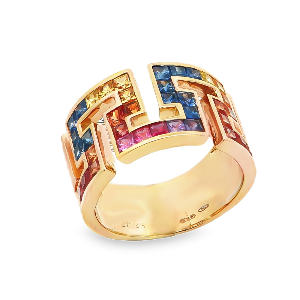 Δαχτυλίδι εντυπωσιακό με χρωματιστά ζαφείρια rainbow από ροζ χρυσό 18k