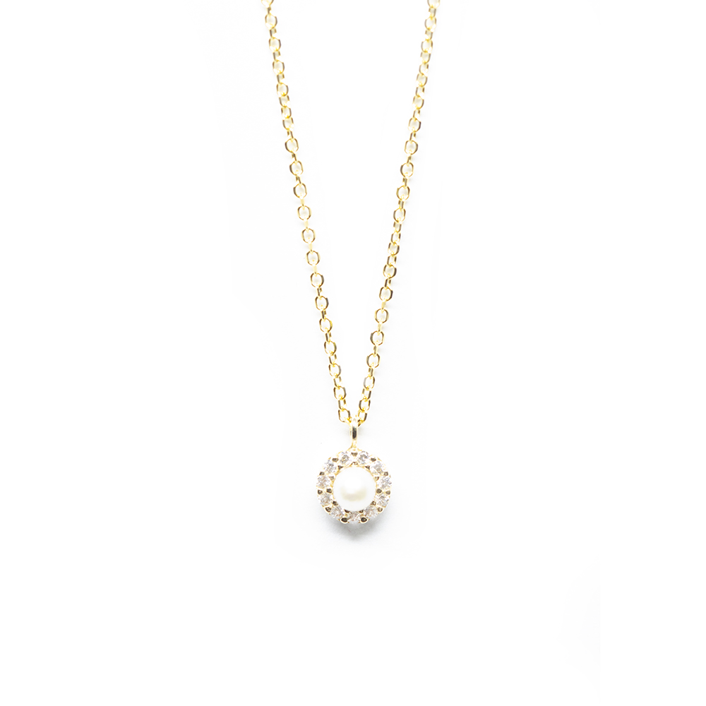 Κολλιέ από χρυσό 14k με μαργαριτάρι και zirgon σε ροζέτα