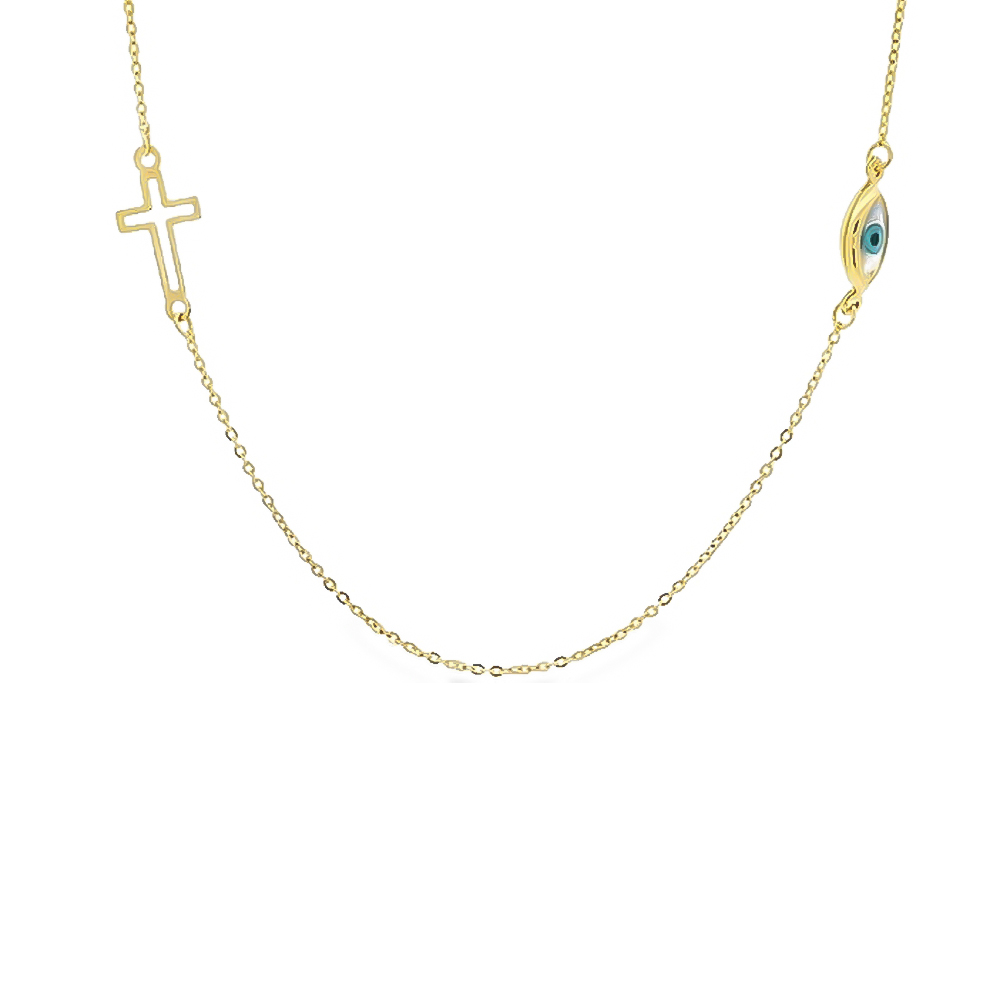 Κολλιέ elegant από κίτρινο χρυσό 14k με μάτι από mother of pearl  και σταυρό