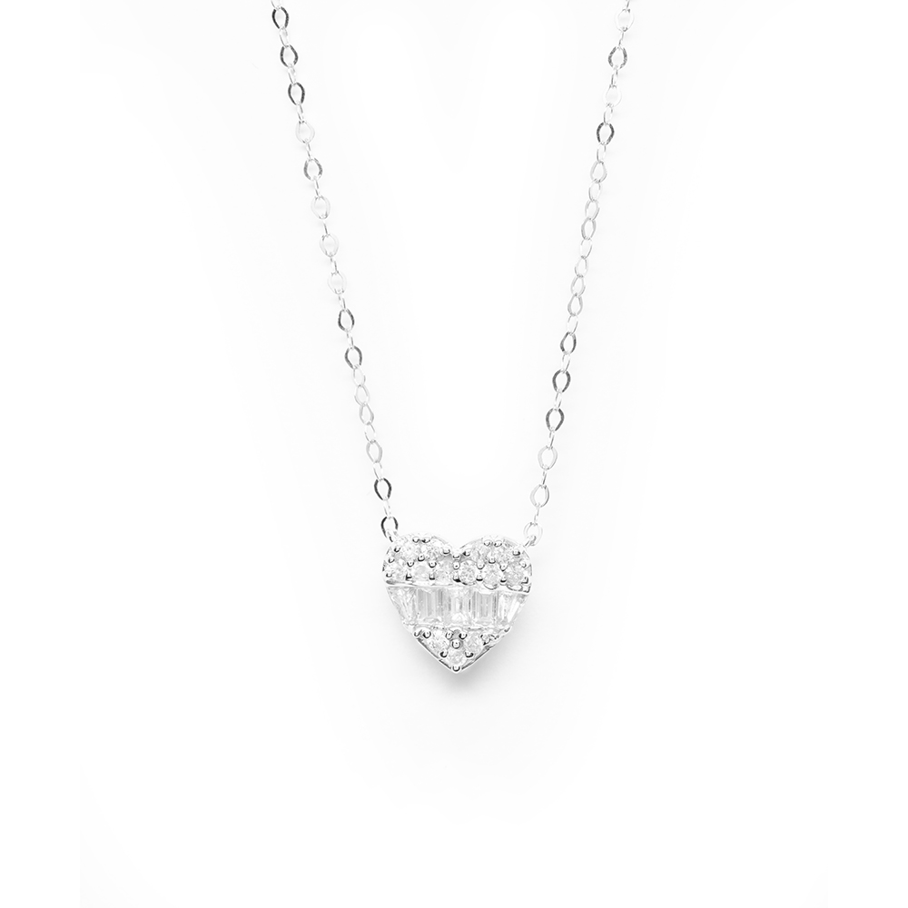 Κολλιέ με καρδιά από διαμάντια και baguettes από λευκόχρυσο
