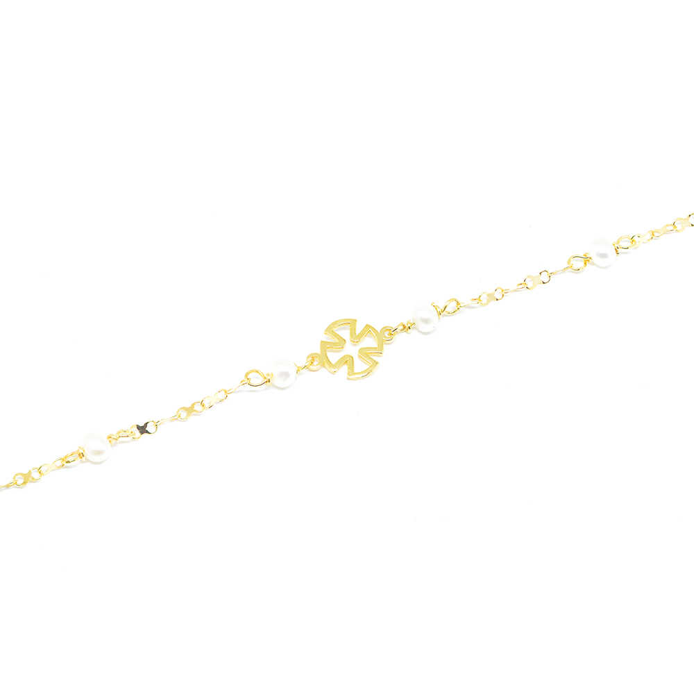 Βραχιόλι ταυτότητα από κίτρινο χρυσό 14k με μαραγαριτάρι και σταυρό