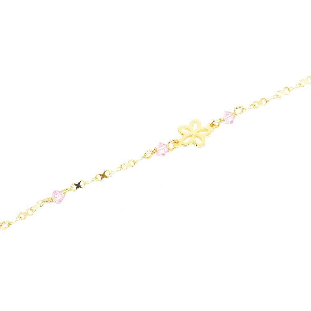 Βραχιόλι από κίτρινο χρυσό 14k με λουλούδι και ροζ πέτρες