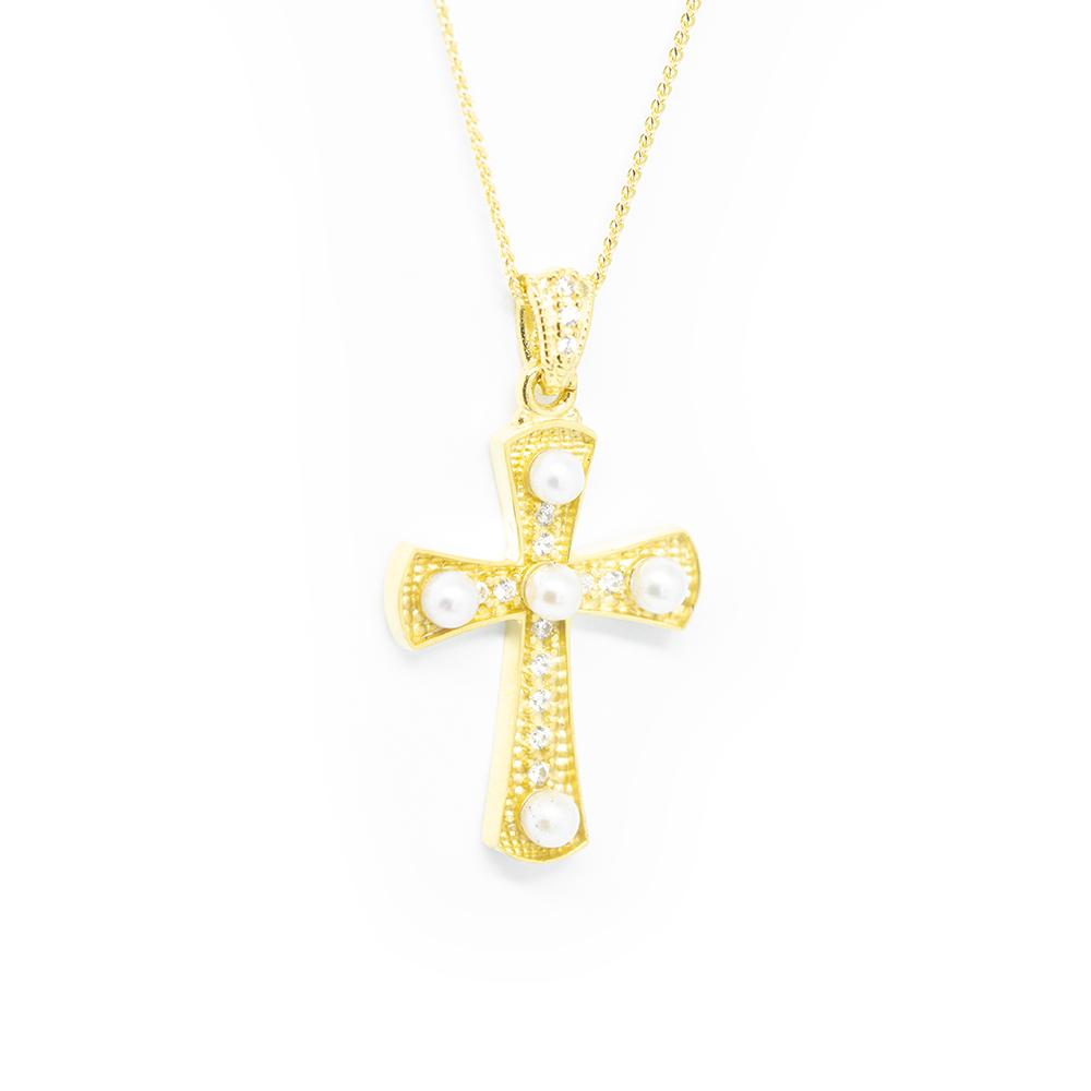 Σταυρός βαπτιστικός από κίτρινο χρυσό 14k με μαργαριτάρια
