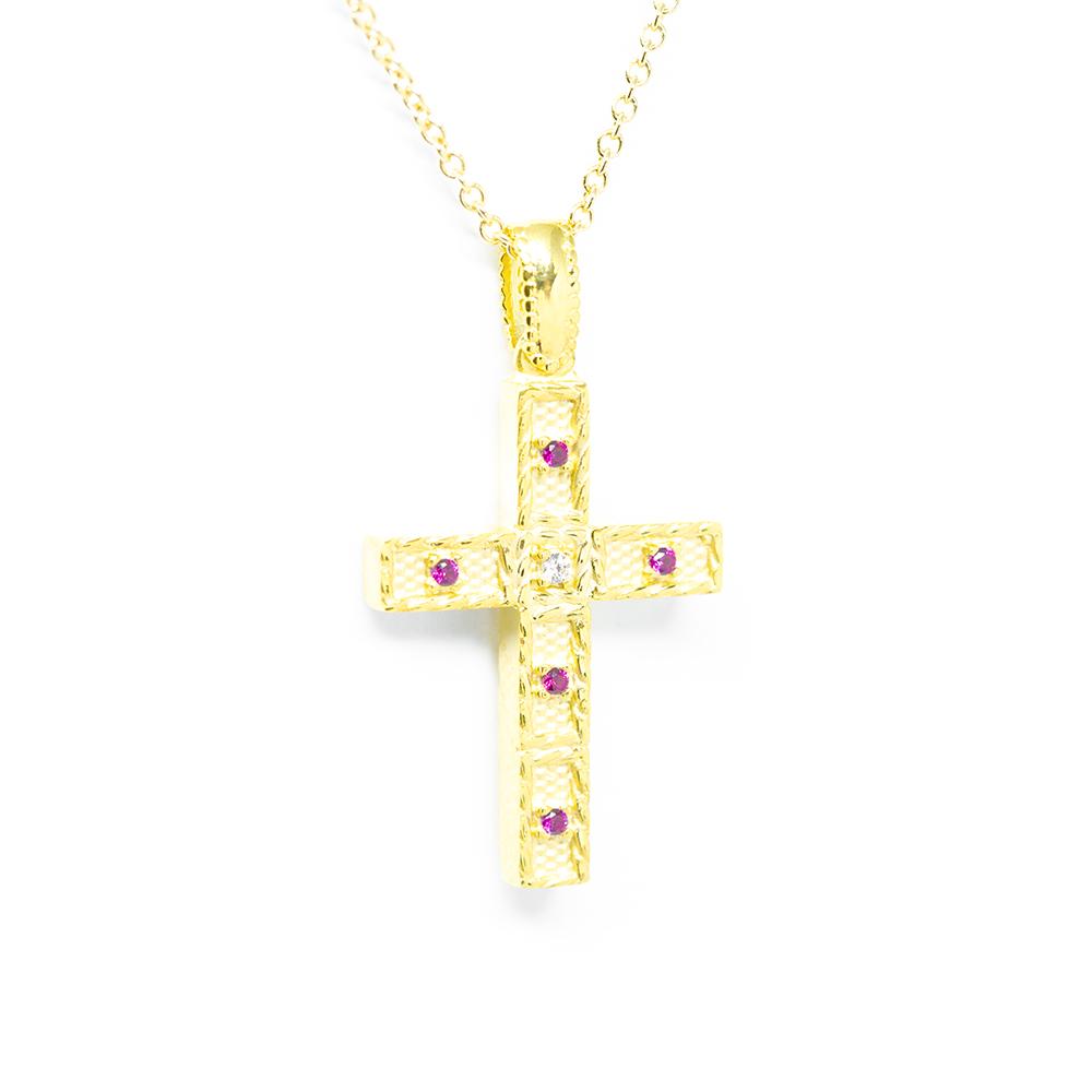 Σταυρός βαπτιστικός  από κίτρινο χρυσό 14k με κόκκινα ρουμπίνια