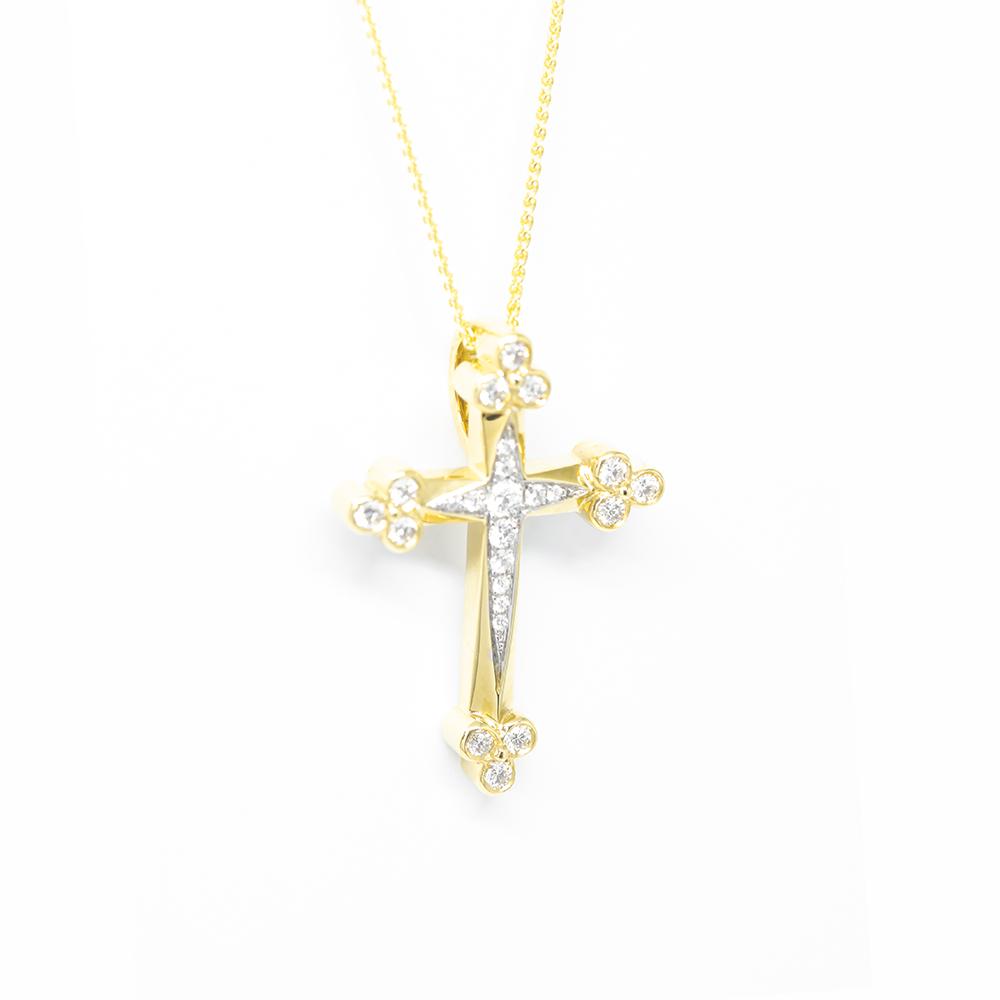 Σταυρός κλασσικός με διαμάντια brilliant  και κίτρινο χρυσό 18k