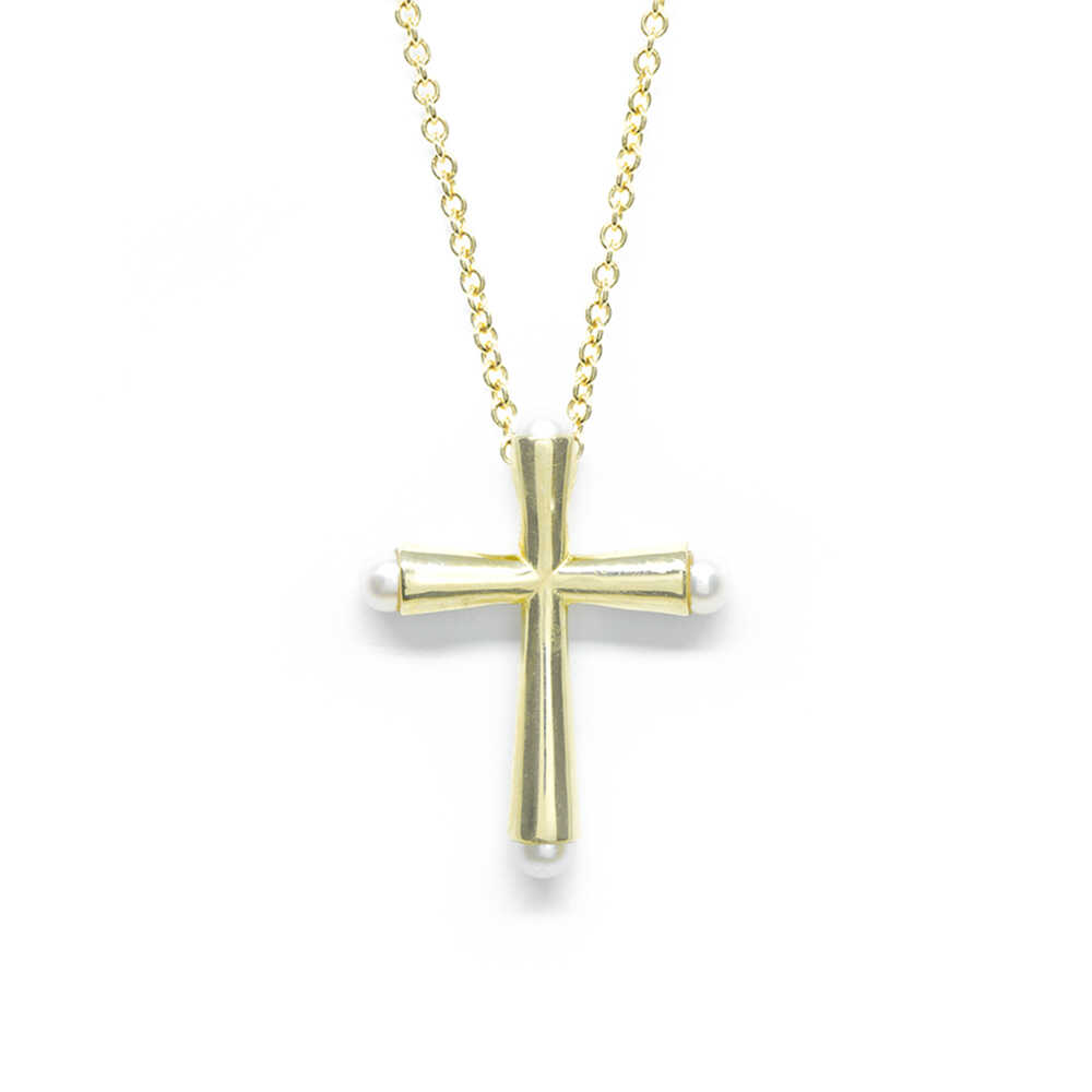 Σταυρός minimal από κίτρινο χρυσό 14k με μαργαριτάρια