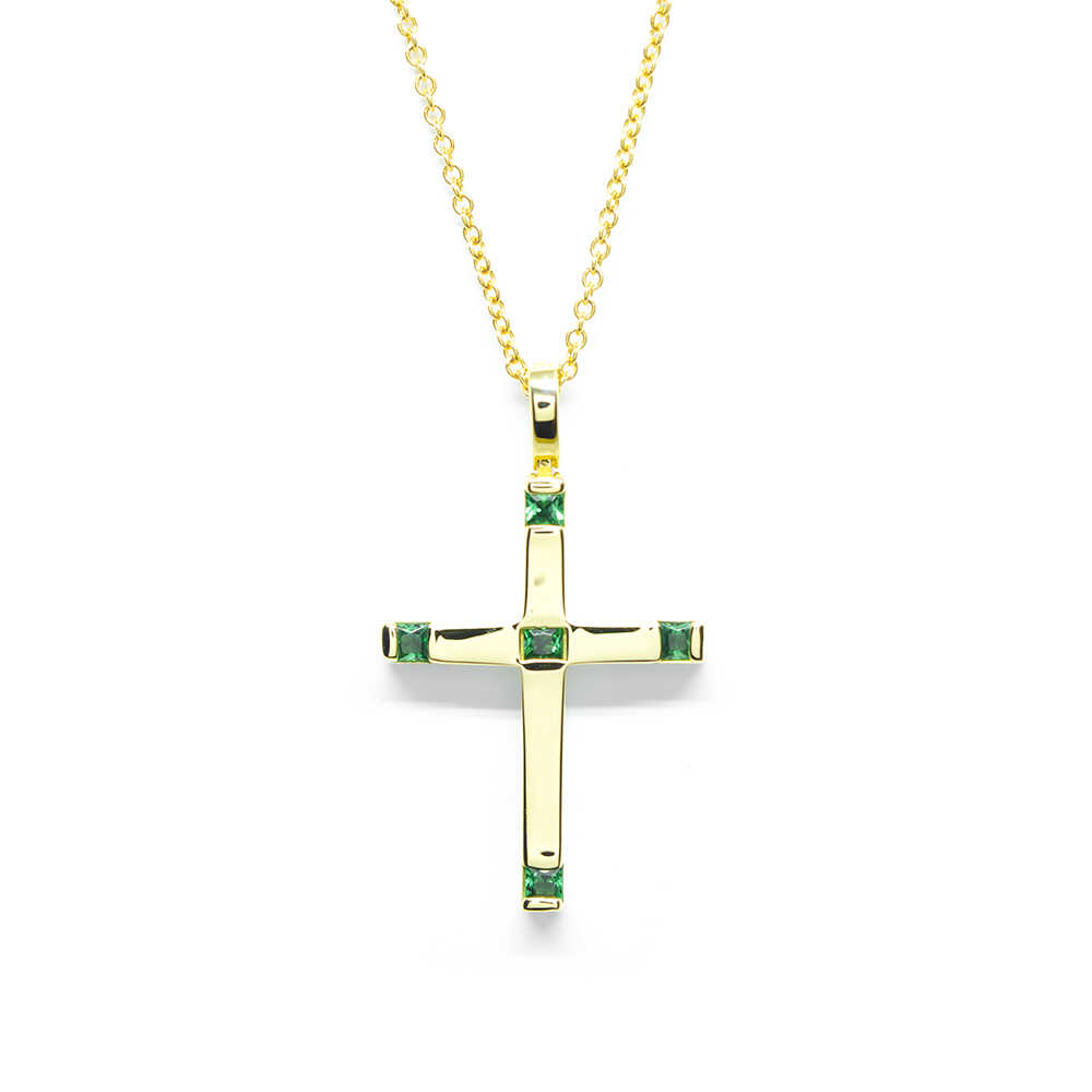 Σταυρός minimal από κίτρινο χρυσό 14k με πράσινα zirgons