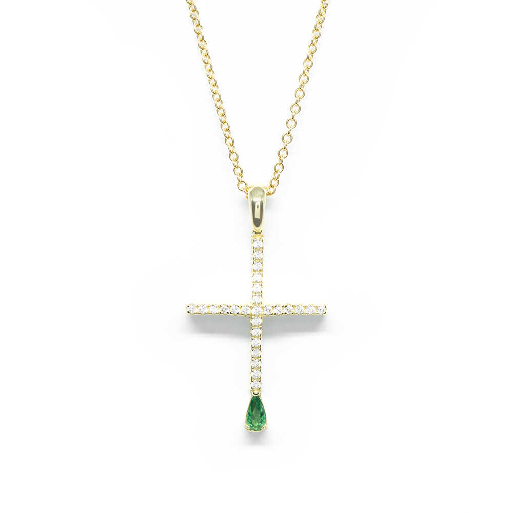 Σταυρός μοντέρνος από κίτρινο χρυσό 14k με λευκά και πράσινα zirgons