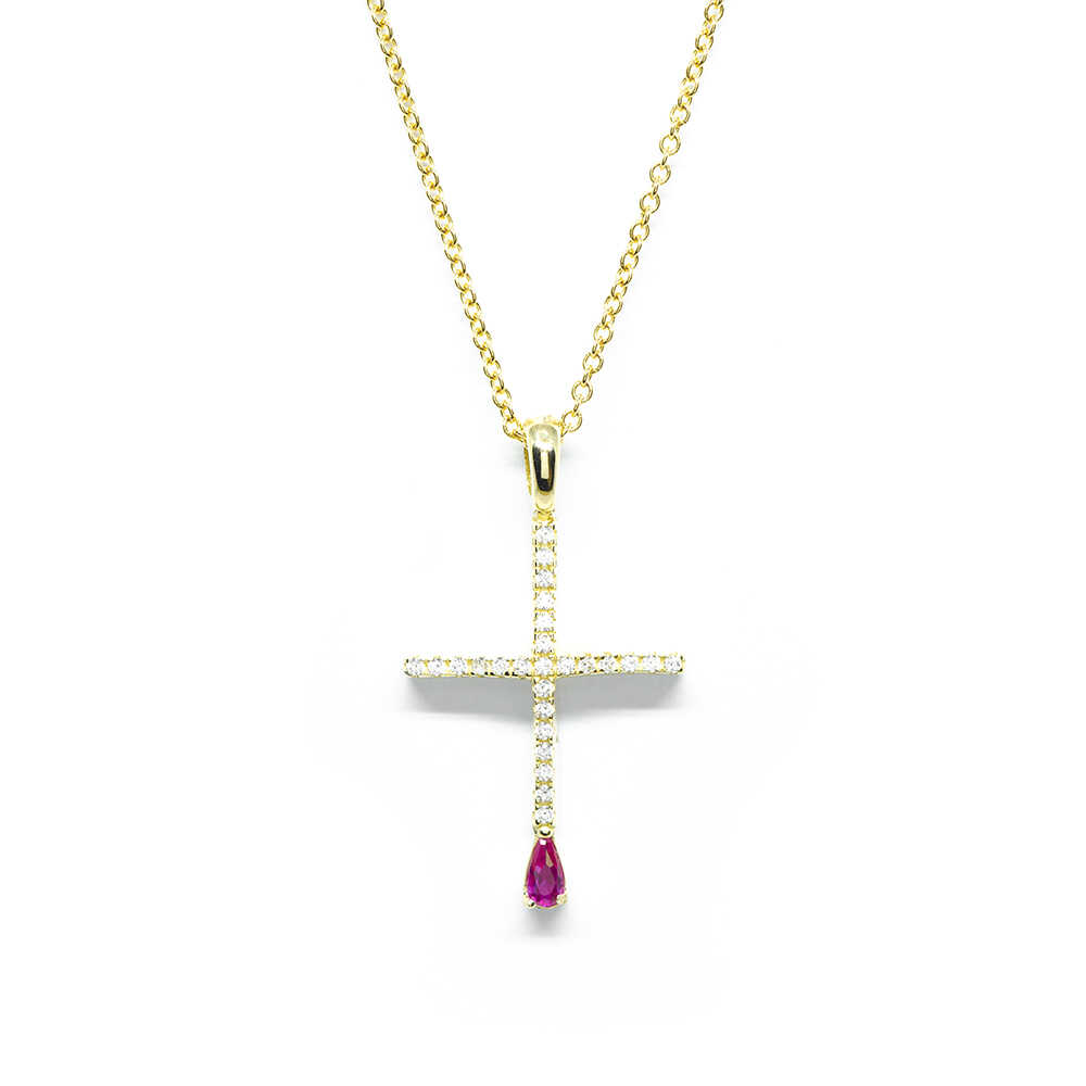 Σταυρός μοντέρνος από κίτρινο χρυσό 14k με λευκά και κόκκινα zirgons