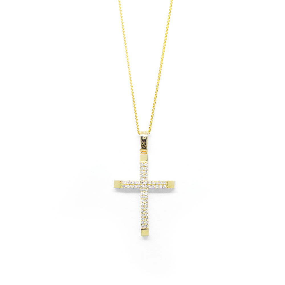 Σταυρός minimal από κίτρινο χρυσό 14k με zirgons